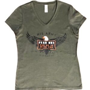 District Army Green His army “Fear not, for he is with you” V neck Top    Sz M